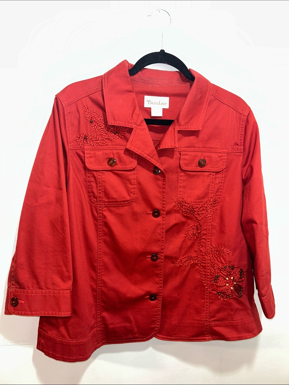 TanJay Red Beaded Embroidered Floral Red Jacket Size 14